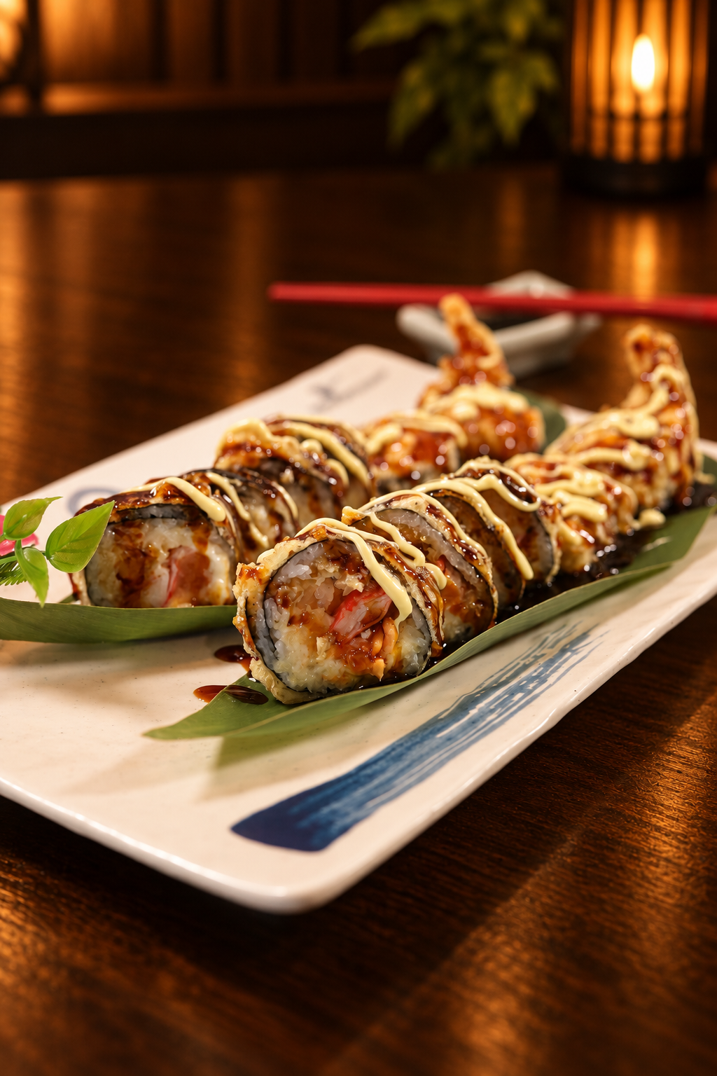 Crispy shrimp tempura roll drizzled with eel sauce and mayo