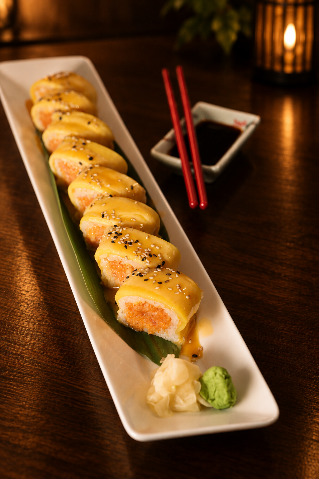 Mango-topped crab roll with sesame seeds, wasabi and pickled ginger