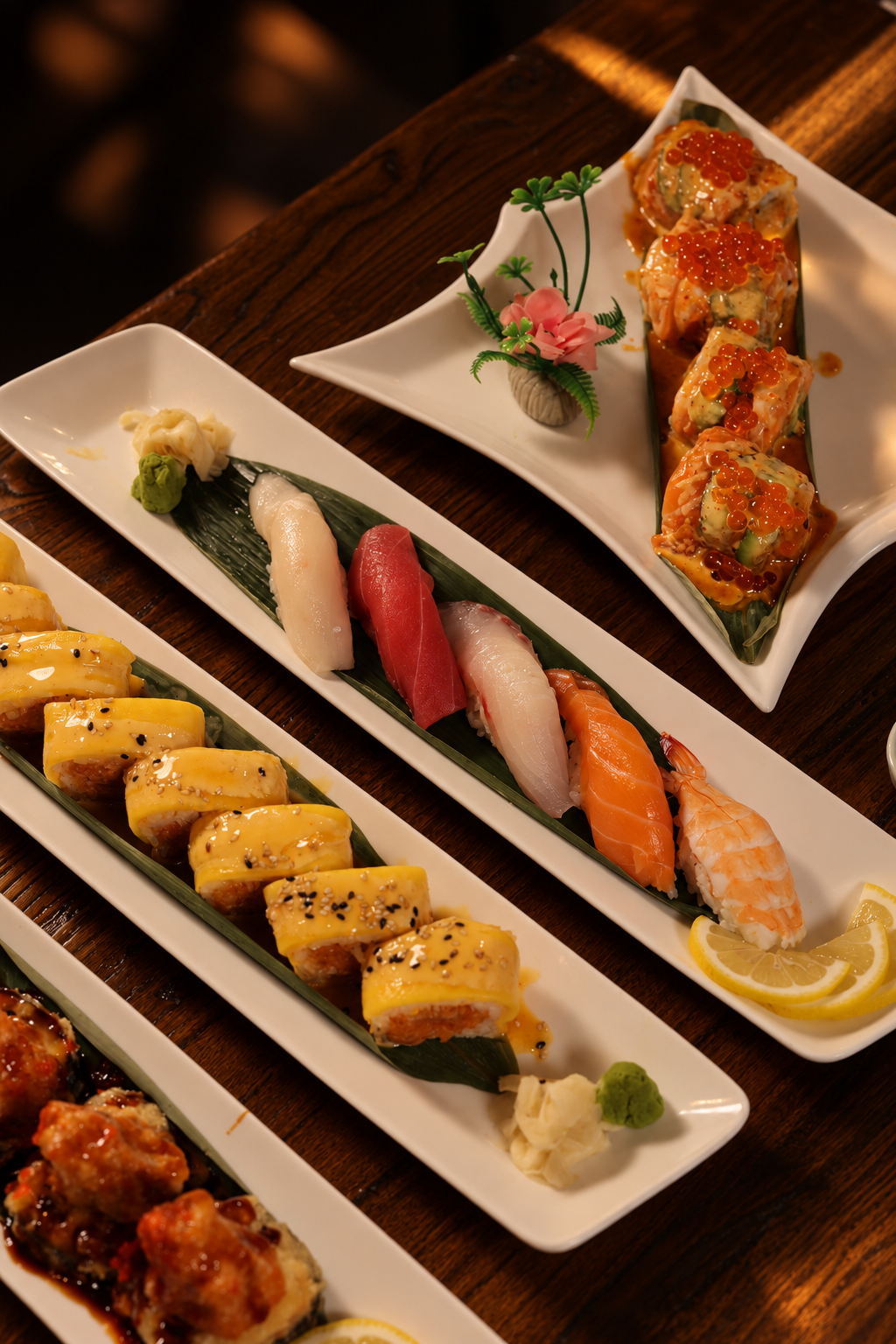 Assorted sushi rolls, nigiri and sashimi arranged on white platters over a dark wooden table