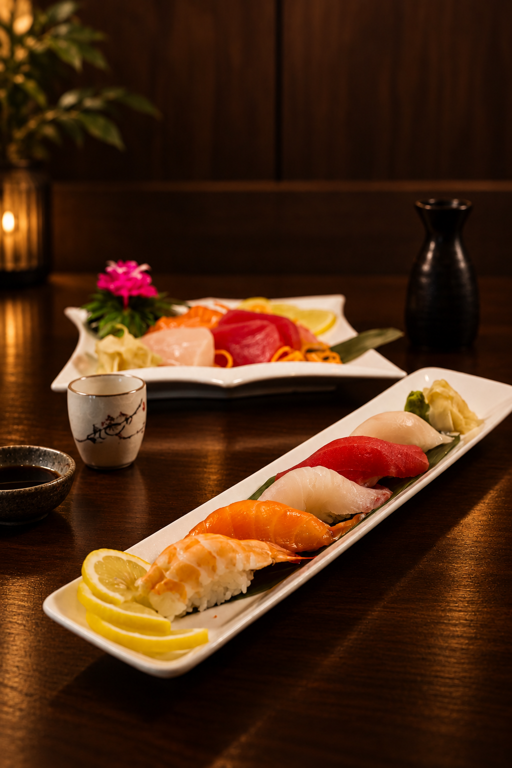 Assorted nigiri and sashimi on white platters