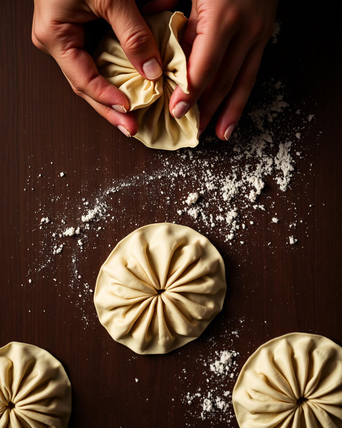Hands folding pleated dumplings on a dark walnut surface