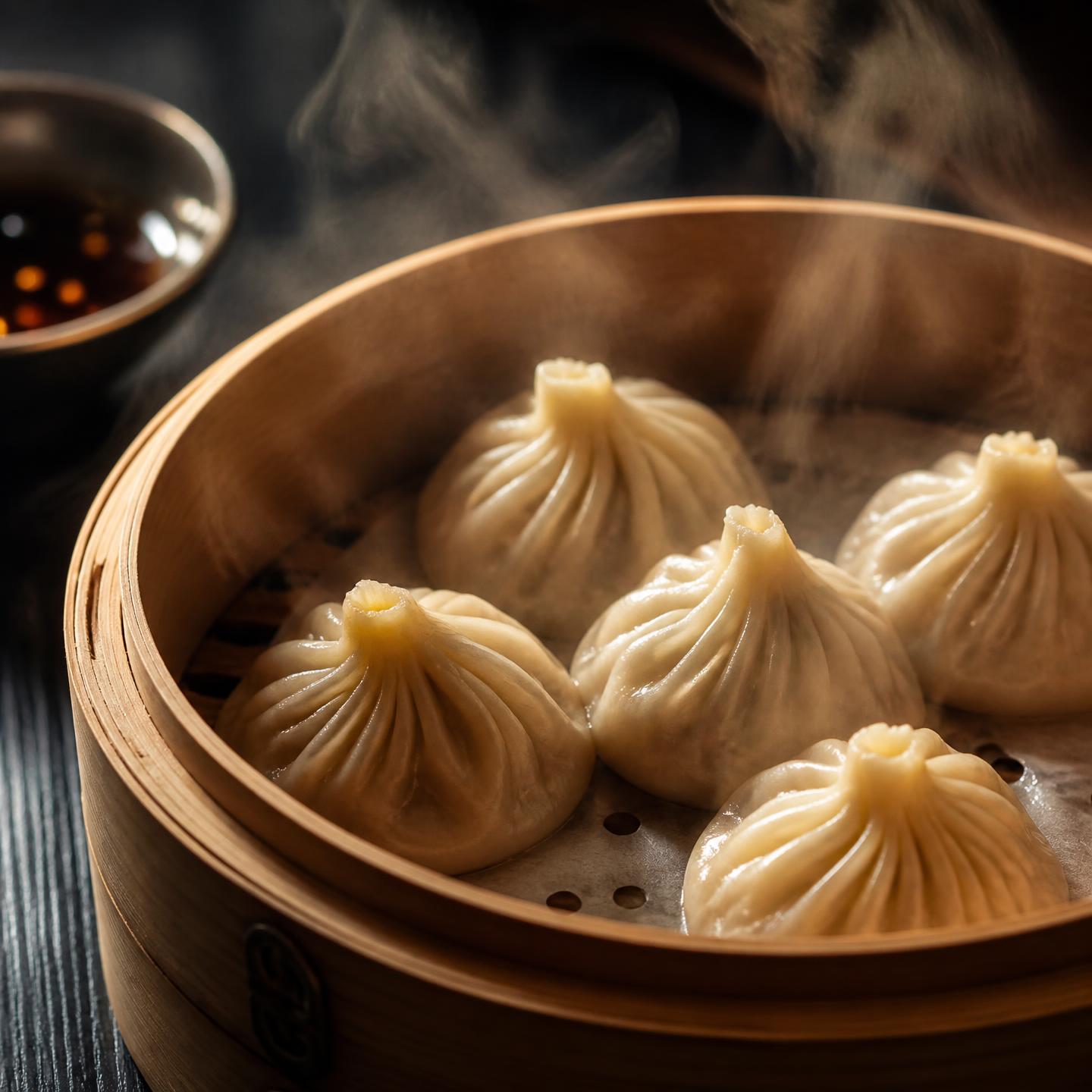 Freshly steamed xiao long bao with delicate pleats and rising steam