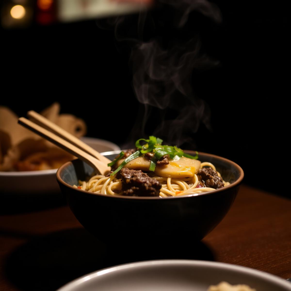 Bowl of hand-pulled noodles with beef and chili oil